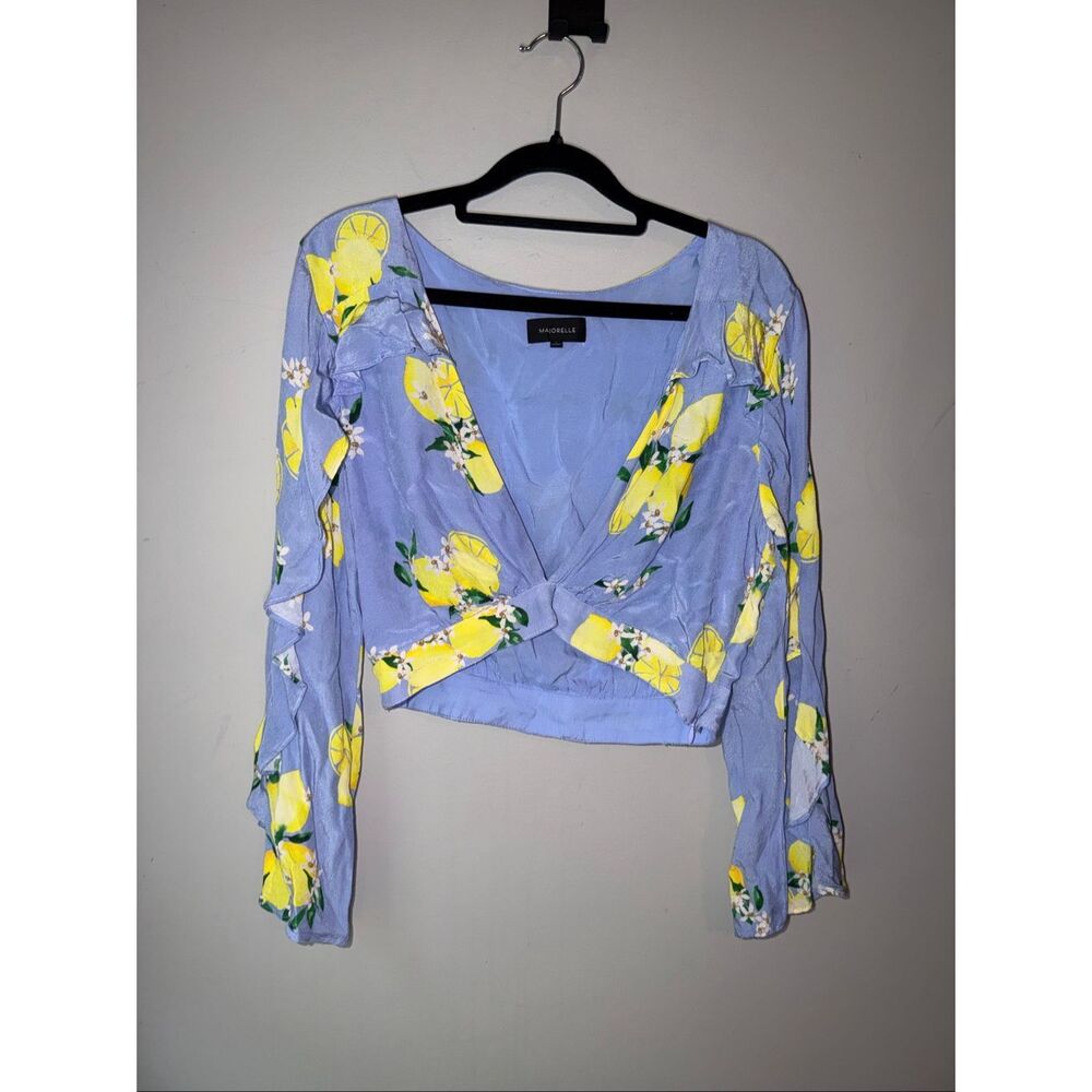 Majorelle Devon v neck crop blouse top in blue lemon print long sleeve
